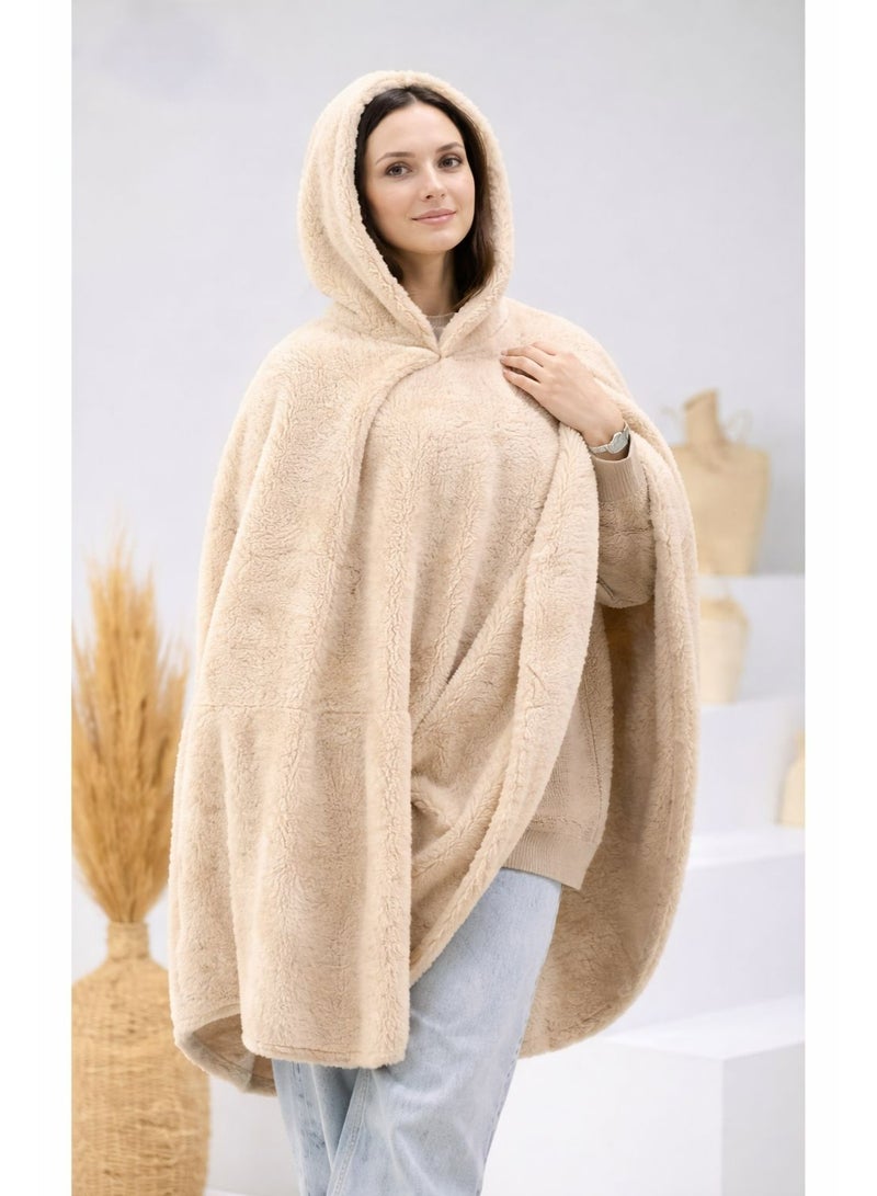 Soft winter fur blanket with hood – Cozy & Stylish Design - Biege"Cafe"